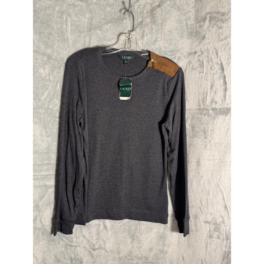 Lauren Ralph Lauren Grey Heather Long Sleeve Top Elbow Patches Zipper XL NEW